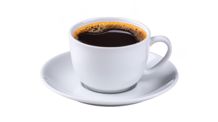 White ceramic cup filled with hot black coffee on matching saucer, isolated on transparency background, showing rich aroma and inviting warmth, perfect for morning energy boost