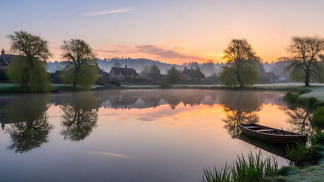 Charming village houses reflected in tranquil lake