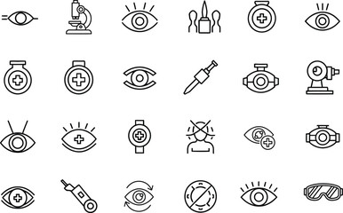 Ophthalmology line web icon set, containing design Eye, Glasses, Contact Lens, contain icons related to medical eye care, medical eye care, optometry and vision correction vector symbol
