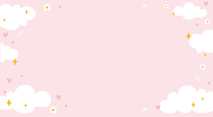 Whimsical horizontal background with white clouds daisy flowers and stars. Minimalist doodle style for nursery website banners baby shower greeting cards or children book packaging