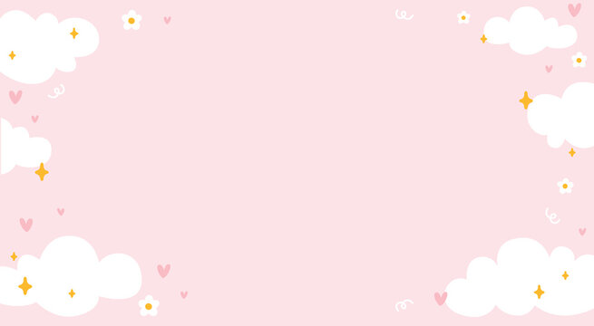 Whimsical horizontal background with white clouds daisy flowers and stars. Minimalist doodle style for nursery website banners baby shower greeting cards or children book packaging