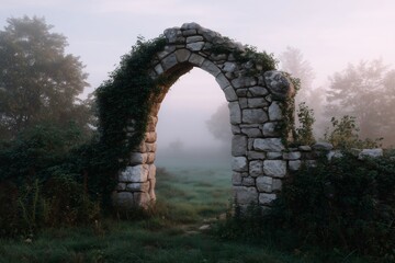 Obraz premium Ancient stone archway covered in lush green vines stands amidst a foggy landscape, creating a mystical atmosphere and inviting exploration of nature's beauty