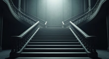 Grand staircase ascends towards light, elegant architecture, dim lighting