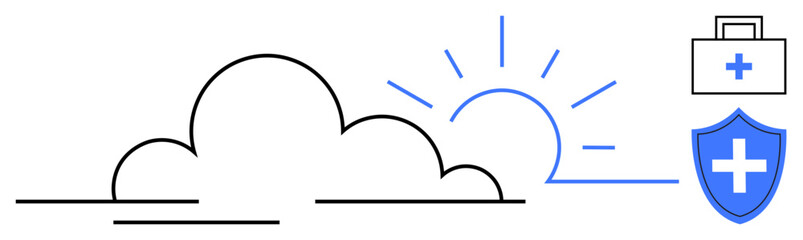 Obraz premium Health, wellness, recovery, protection, medical care, prevention. Sun and cloud with a medical shield and first aid kit. Health and wellness through recovery and protection graphics