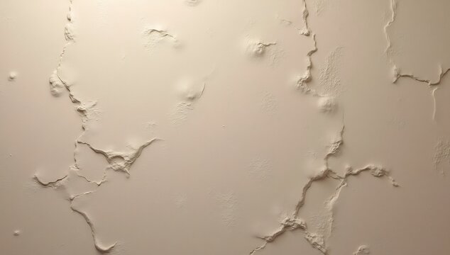 Closeup of a lightcolored textured surface with prominent blisters and cracks resembling peeling paint