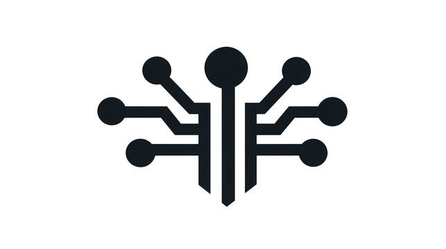 Abstract black circuit board icon with symmetrical lines and round nodes, representing technology, digital connection, and innovation, suitable for modern tech concepts and futuristic design