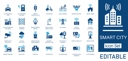 Smart City and Future Technology solid icon set. Contains symbols for Autonomous Car, 5G Tower, Drone Delivery, and Smart Home. Flat vector design for urban planning and IoT infrastructure.