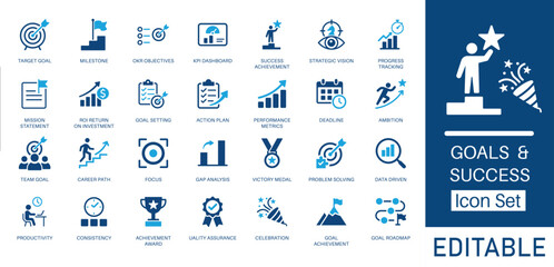 Goals and Business Success solid icon set. Includes symbols for Target Goal, Milestone, KPI Dashboard, and ROI. Solid vector icons for mission statement, performance metrics, and career growth.