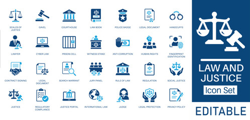 Law and Justice solid icon set. Includes symbols for Scales of Justice, Gavel, Cyber Law, and Anti-corruption. Solid vector icons for legal consultancy, court system, and regulatory compliance.