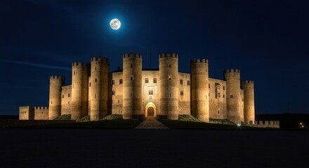 Large medieval fortress illuminated at night under a full moon