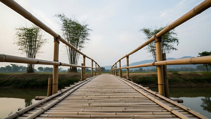 Naklejka premium Bamboo bridge spanning a tranquil river landscape