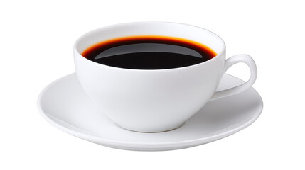 Obraz premium White cup filled with hot black coffee on matching saucer, isolated on transparency background, minimal style, morning beverage, inviting and warm atmosphere
