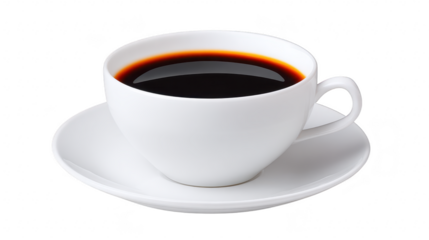 White cup filled with hot black coffee on matching saucer, isolated on transparency background, minimal style, morning beverage, inviting and warm atmosphere