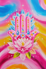 Vibrant pink Hamsa hand with lotus flower and gemstones on a dreamy colorful background symbolizing protection and peace.