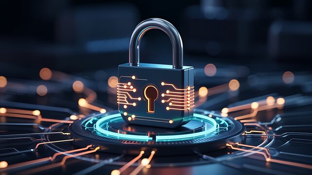 Digital padlock icon with glowing circuit board patterns on a tech background symbolizing cybersecurity and data protection - Powered by Adobe