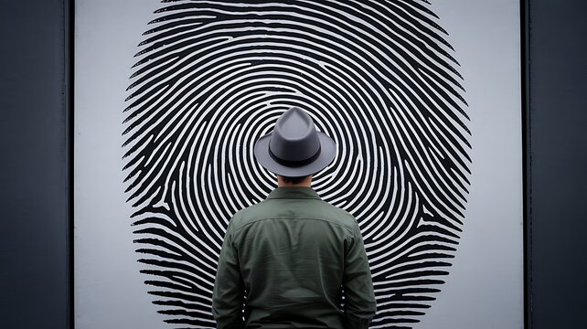 Close up of a man looking at a giant fingerprint pattern on a wall representing the search for identity and forensic science investigation - Powered by Adobe