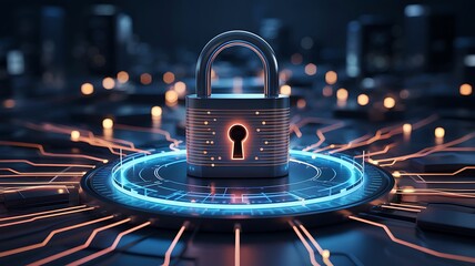 Secure digital padlock standing on a glowing network circuit with a blurred city background representing smart city security