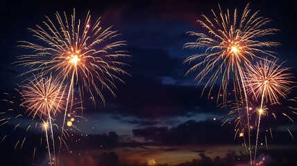 Magnificent firework display with multiple golden bursts against a sunset sky background for festive holidays and anniversary celebrations