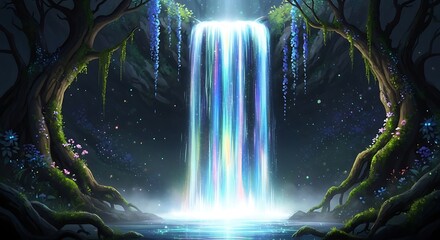 A vibrant waterfall cascades into a misty pool, framed by ancient trees with mossy branches and hanging floral accents