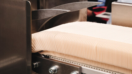 Elements of cardboard boxes are collected in stack. Conveyor line for the production of boxes. Machine cuts cardboard boxes from sheets of cardboard. Enterprise for  production package. © Aleksandr Matveev