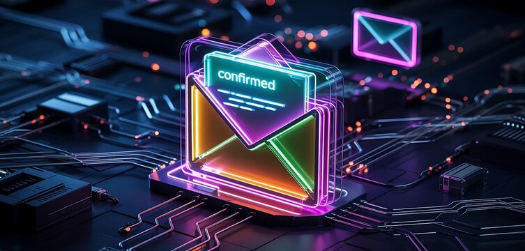 Digital email confirmation icon with a neon envelope on a complex circuit board background representing cybersecurity and verified communication - Powered by Adobe