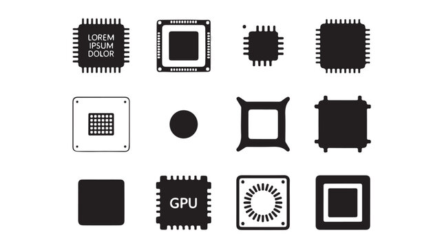 Microchip icons in various designs and styles in black and white for technology illustration