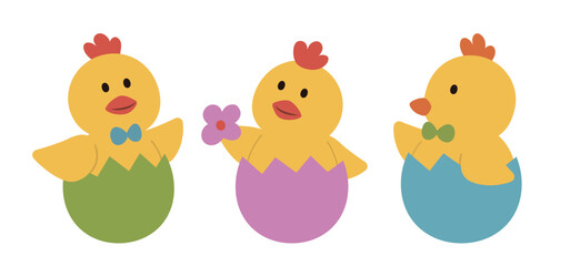 Easter Chick Sitting in Eggshells  Flat Vector Illustration Set.
Cute Spring Easter Chicken Clipart
White background.