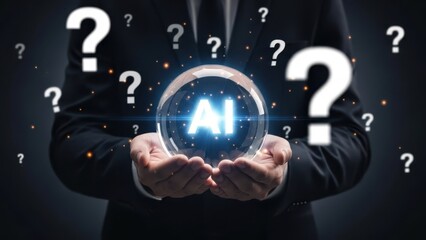 Artificial Intelligence Uncertainty: Businessman holding glowing AI crystal ball with question marks for future technology predictions