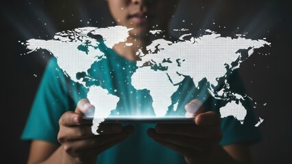 Worldwide Digital Reach: Hands holding tablet with glowing white world map for global business connectivity and international data access