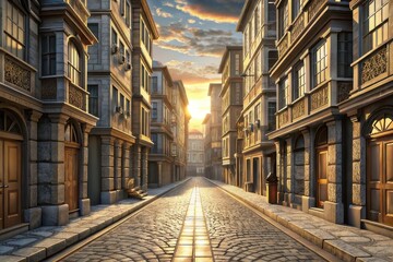 Fototapeta premium Warm light illuminates classic european cobblestone street view