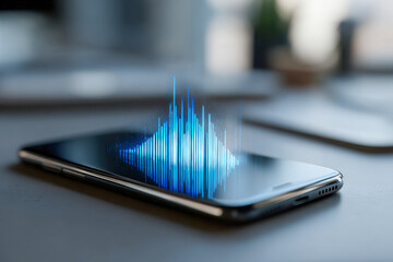 Futuristic digital soundwave hologram projecting from smartphone screen on modern desk symbolizing advanced audio technology and voice recognition innovations