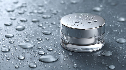 Luxurious skincare product with water droplets on sleek silver container