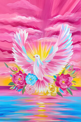 Radiant pastel dove with floral bouquet soaring over colorful ocean at sunset beneath a glowing pink sky
