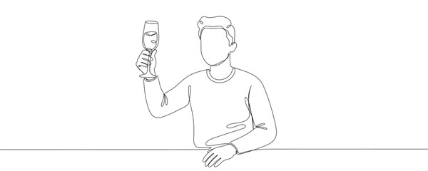 A single continuous line drawing of people raising glasses of wine or champagne. Vector illustration.