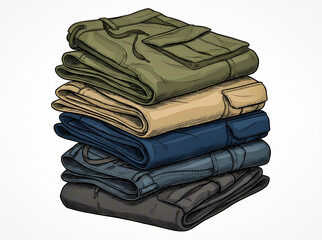 Stack of folded pants in neutral colors isolated on clean background. Casual and utility trousers neatly arranged, realistic fabric texture, minimalist apparel concept ideal for fashion catalog