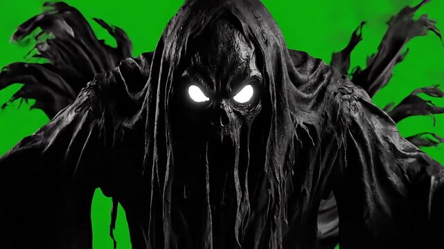 Spooky dark angel creature with glowing eyes flying on green screen