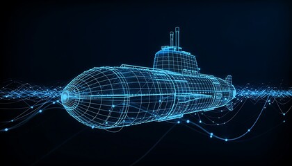 Futuristic digital 3D wireframe submarine underwater, concept of naval technology, deep sea exploration and blueprint engineering