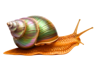A colorful snail with a shiny shell isolated on transparent background slowly making its way