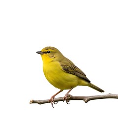 A vibrant yellow warbler with dark eyes and a small beak perched on a brown twig, set against a plain white backdrop