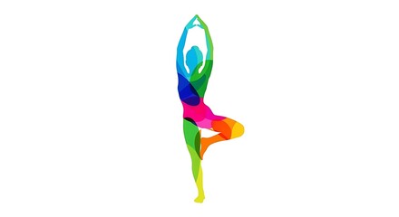 A vibrant yoga pose silhouette, blending colors, arms raised, one leg bent, against a white background for a wellness theme