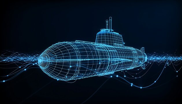Futuristic digital 3D wireframe submarine underwater, concept of naval technology, deep sea exploration and blueprint engineering