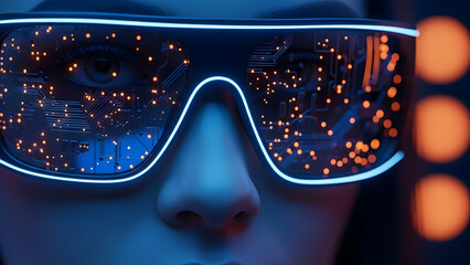 Close-up of a person wearing futuristic augmented reality glasses displaying glowing digital circuits