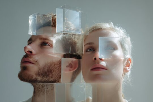 two caucasian designers with glass cubes and reflective blocks; faces layered through transparent forms, soft neutral tones, analytical expressions, collaborative brainstorming, modern design