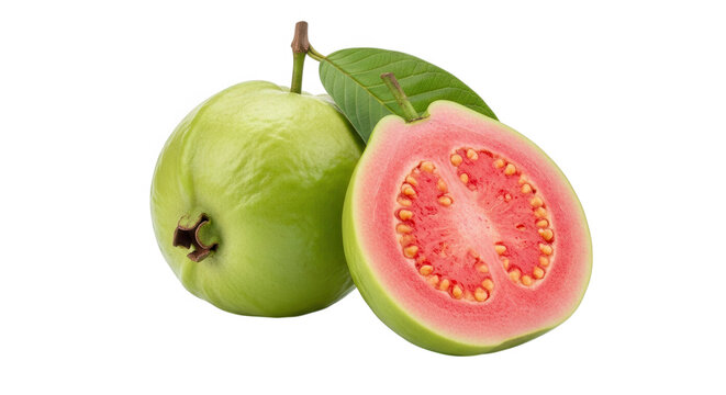 Fresh guava fruit cut open showing pink interior isolated on transparent background