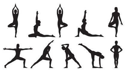 Yoga Silhouettes in Various Poses on White Background in Simple Black Illustration for Fitness and Wellness