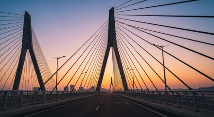 A modern cable-stayed bridge spanning under a colorful sunset