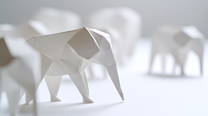 Geometric paper craft elephants stand on a minimalist white background, showcasing a modern art form. The precise folds and clean lines create a striking visual effect.