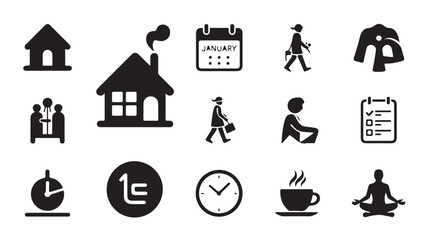 Set of simple black icons representing daily routine and productivity in minimalist style with solid fill on white background for web design