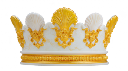 Gold crown with ornate shell and floral design, luxurious white and gold royal accessory, elegant and majestic, symbol of royalty and power, isolated on transparency background