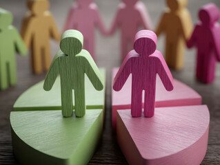 Colorful wooden human figures standing on vibrant pie chart segments representing diversity and data visualization concepts in business and statistics